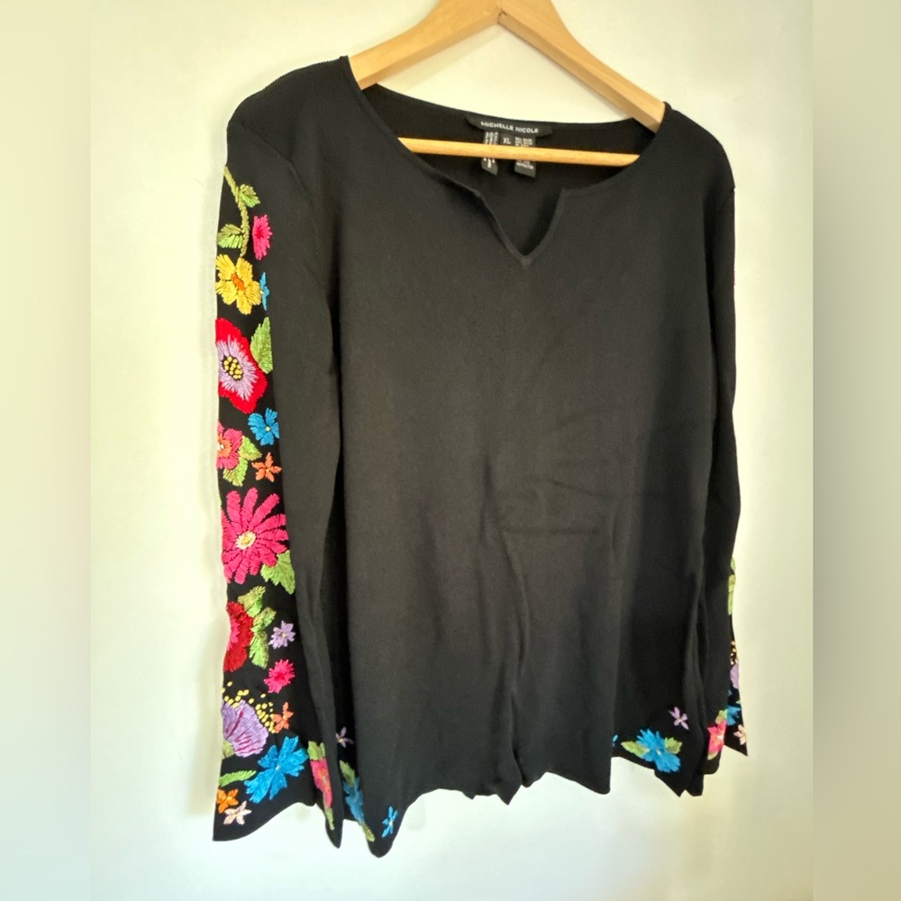 Michelle Nicole Black Blouse with Colorful Floral Embroidery